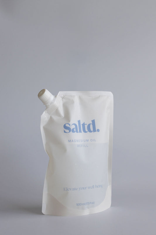 Saltd magnesium oil refill helping to support you and your body to relax, achieve restorative rest, calm your central nervous system, relieve muscle tension and recover faster, alleviate restless legs, boost your energy levels, balance your hormone levels and allow the body's systems to function optimally. Sleep support. Made in New Zealand.