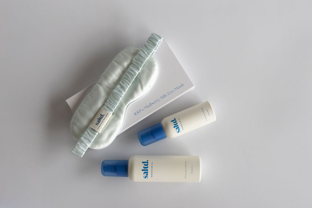 Saltd travel magnesium oil. helping to support you and your body to relax, achieve restorative rest, calm your central nervous system, relieve muscle tension and recover faster, alleviate restless legs, boost your energy levels, balance your hormone levels and allow the body's systems to function optimally. Sleep support. Made in New Zealand. Sleep support. Made in New Zealand. 100% Mulberry silk eye mask.