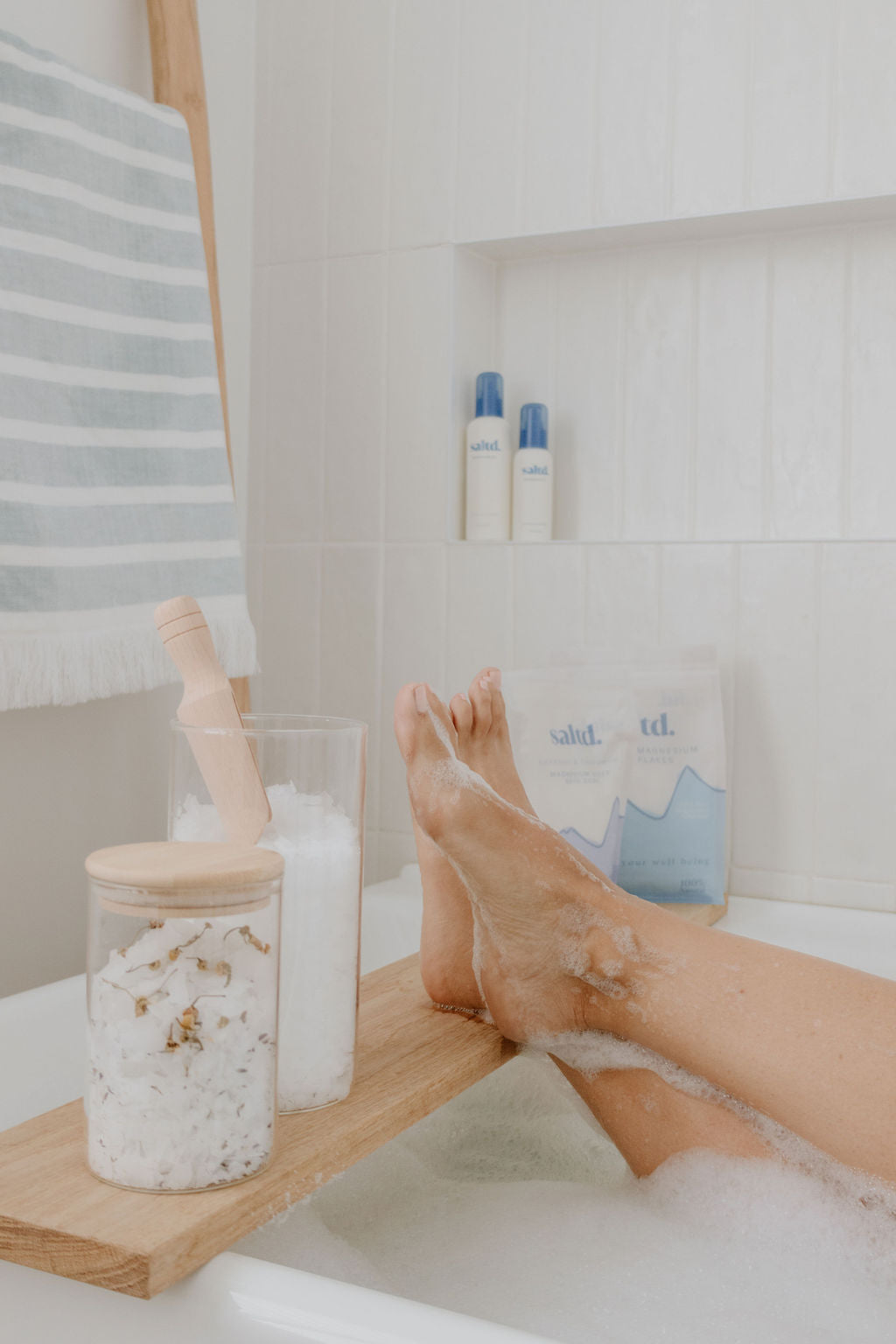 Saltd magnesium sleep bath soak. Sleep support. Made in New Zealand. Lavender and chamomile.