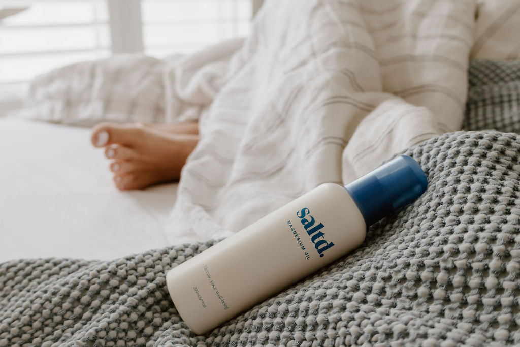 Saltd magnesium oil,  helping to support you and your body to relax, achieve restorative rest, calm your central nervous system, relieve muscle tension and recover faster, alleviate restless legs, boost your energy levels, balance your hormone levels and allow the body's systems to function optimally. Sleep support. Made in New Zealand.