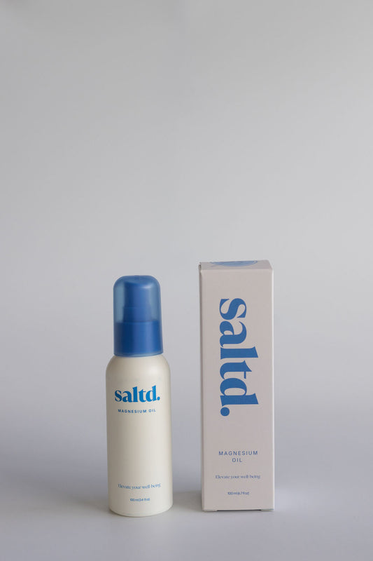 Saltd magnesium oil spray 100ml, helping to support you and your body to relax, achieve restorative rest, calm your central nervous system, relieve muscle tension and recover faster, alleviate restless legs, boost your energy levels, balance your hormone levels and allow the body's systems to function optimally. Sleep support. Made in New Zealand.