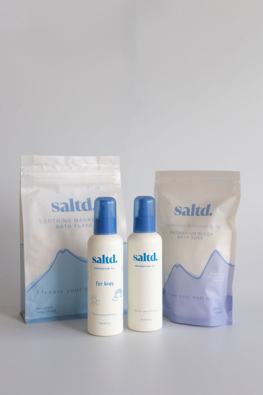 Saltd magnesium sleep bath soak. Saltd magnesium oil. Saltd magnesium oil for kids. Sleep support. Made in New Zealand. 