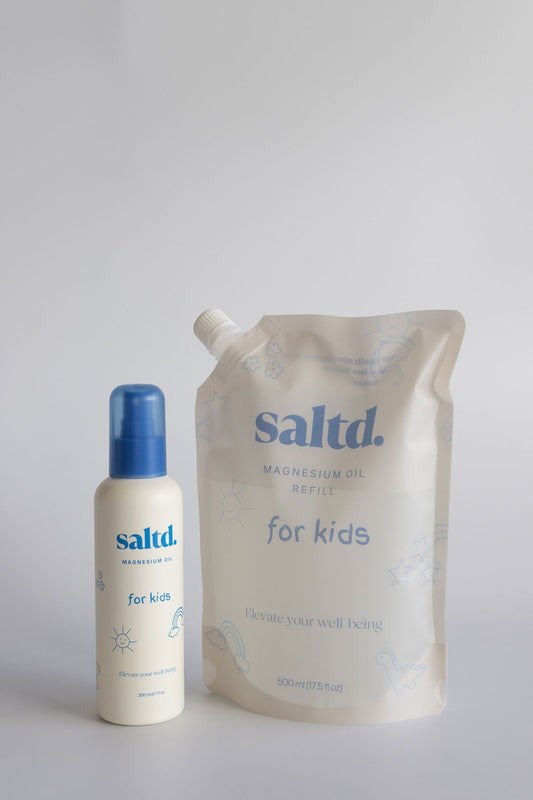 Saltd for kids. Kids Magnesium oil. Helping to support their body's to relax, achieve restorative rest, clam their central nervous system , relieve muscle tension and cramps, alleviate growing pains and restless legs, balance energy levels and allow their body's systems to function optimally. Sleep support. Support for muscle cramps and growing pain. Made in New Zealand.  