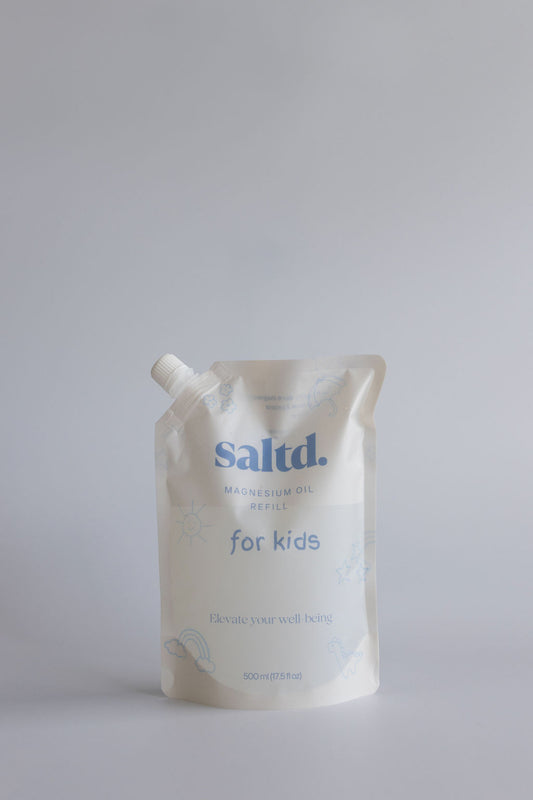 Saltd Magnesium oil for kids refill. Helping to support their body's to relax, achieve restorative rest, clam their central nervous system , relieve muscle tension and cramps, alleviate growing pains and restless legs, balance energy levels and allow their body's systems to function optimally.
