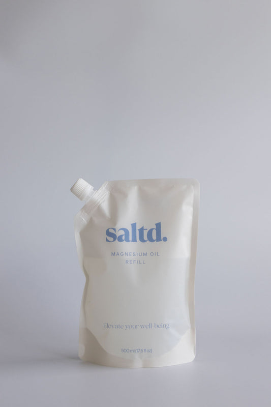 Saltd magnesium oil refill helping to support you and your body to relax, achieve restorative rest, calm your central nervous system, relieve muscle tension and recover faster, alleviate restless legs, boost your energy levels, balance your hormone levels and allow the body's systems to function optimally. Sleep support. Made in New Zealand.
