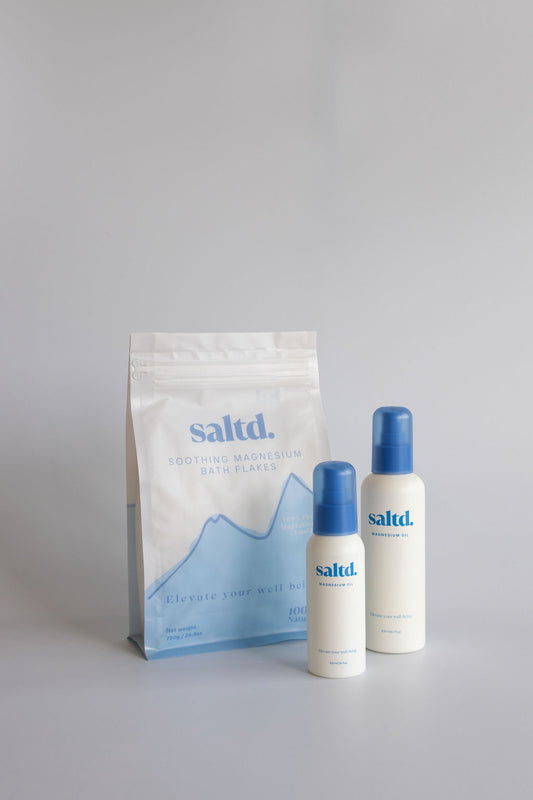 Saltd magnesium oil recovery. Magnesium bath flakes. made in New Zealand. Recovery support. 