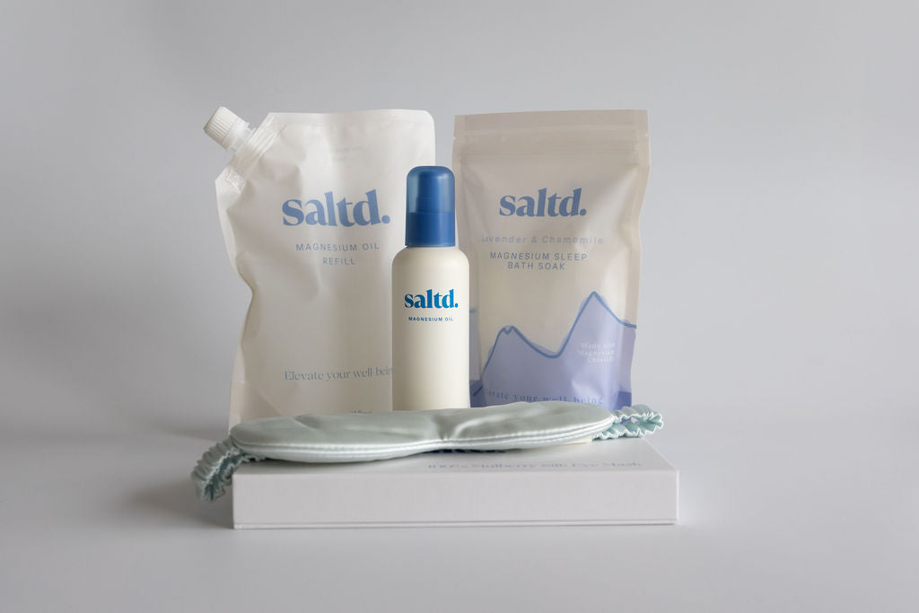Saltd magnesium oil refill. Saltd 100% mulberry silk eyemask. Made in New Zealand. Sleep support.