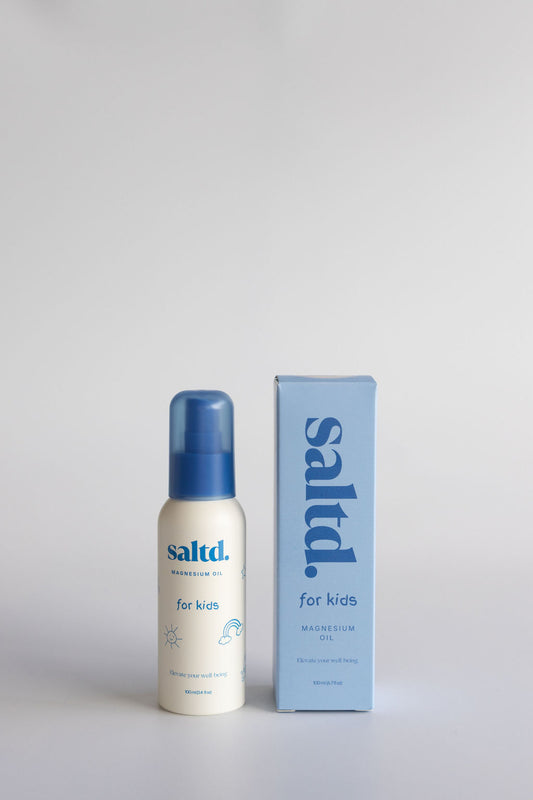 Saltd Magnesium oil for kids. Helping to support their body's to relax, achieve restorative rest, clam their central nervous system , relieve muscle tension and cramps, alleviate growing pains and restless legs, balance energy levels and allow their body's systems to function optimally.