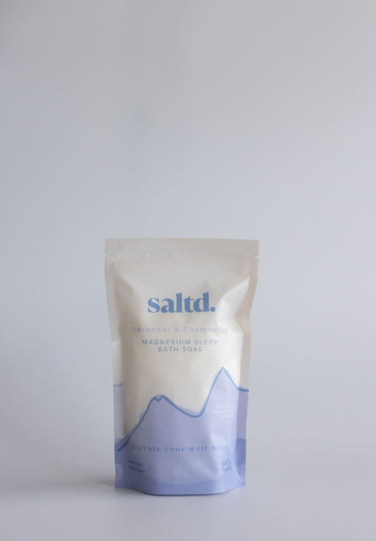 Saltd magnesium bath flakes with lavender and chamomile, to help your body achieve restorative sleep, recovery for tired and aching muscles and replenishing your body's magnesium levels. 100% natural. Made in New Zealand. 