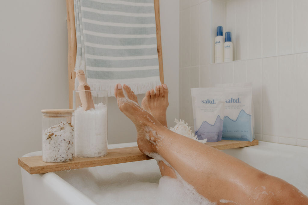 Saltd magnesium sleep bath soak. Sleep support. Magnesium bath flakes. Made in New Zealand. Lavender and chamomile.